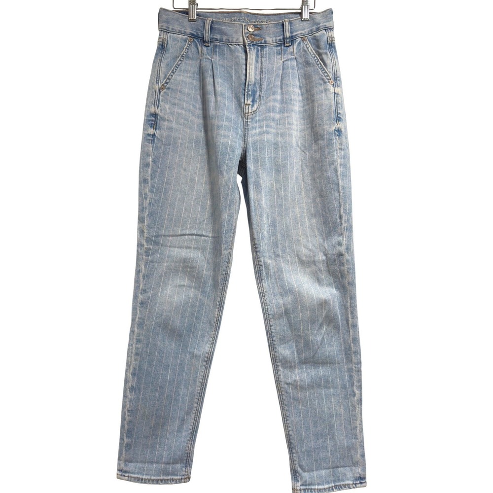 American Eagle Pinstripe Mom Jeans Women 4 Light Wash Pleated High‎ Rise Tapered